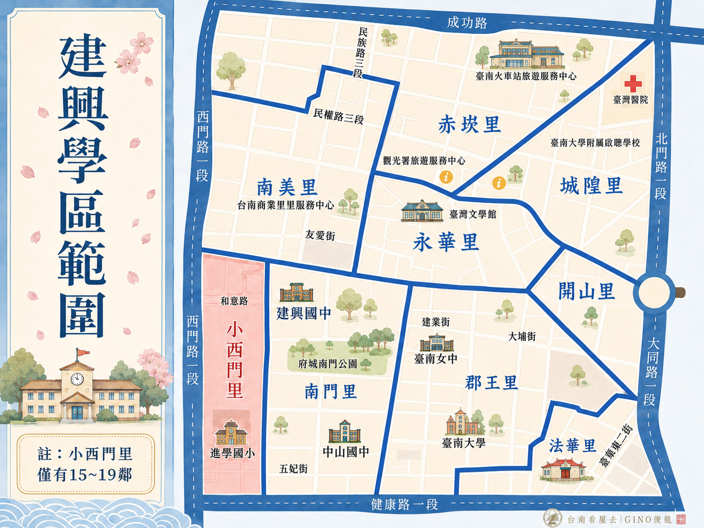 建興國中基本學區範圍示意圖，包含小西門里15至19鄰、永華里、赤嵌里、法華里、南門里、南美里、城隍里、郡王里及開山里